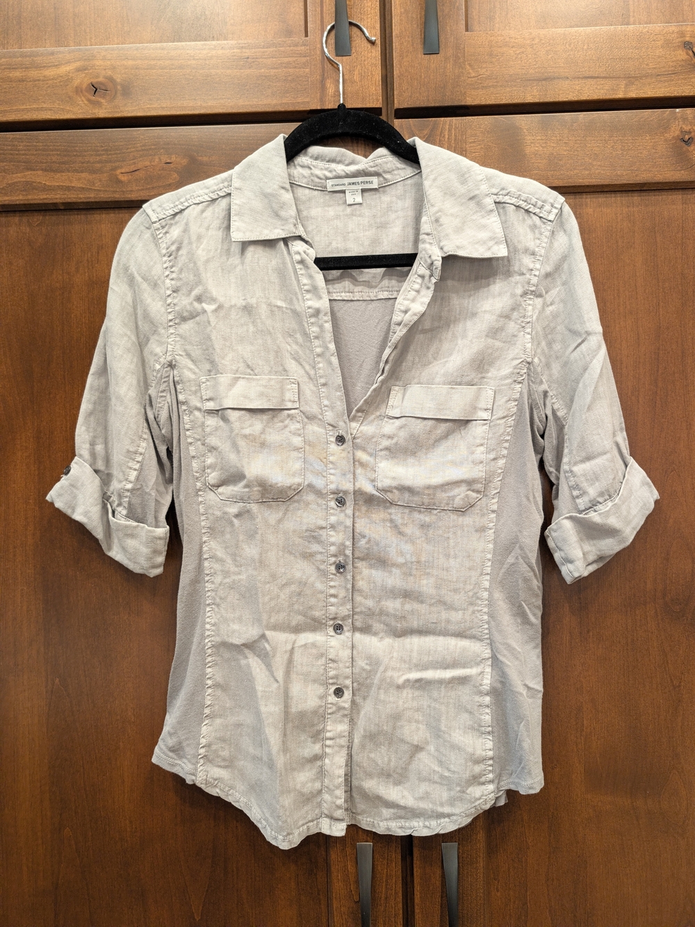 Standard James Perse Light Gray Button-Up Shirt Pockets 3/4 Sleeve Womens Size 2